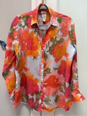 Joie Orange Pink Floral Linen Button-Down Blouse